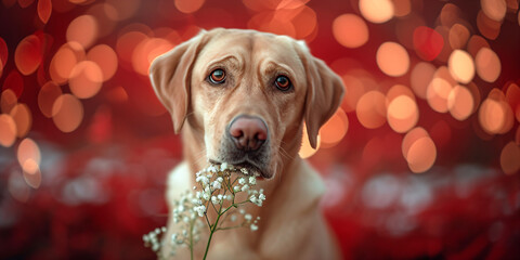 Wall Mural - Dog holding a flower in his teeth on red background with lights. Spring greeting card or banner for Valentine's, Women's and Mother's day, birthday, wedding. Template with copy space