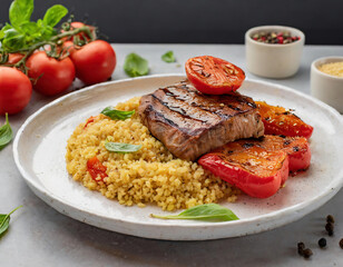 Steak with couscous, tomatoes and basil on a plate