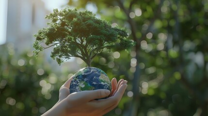 Sticker - Human hand holding Earth globe and tree on blurred background. Save Earth concept.