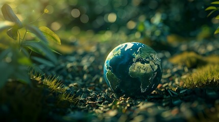 Sticker - Globe in the forest. Environment conservation concept. 3D Rendering