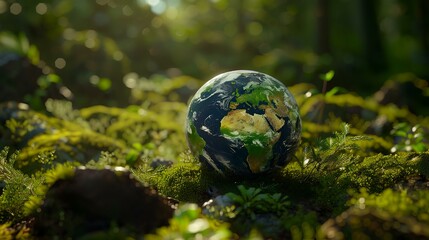 Sticker - Globe in the forest. Environment conservation concept. 3D Rendering