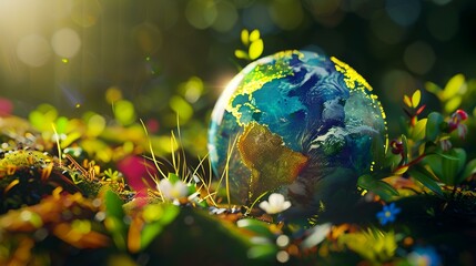 Sticker - Globe on the background of green grass. Earth Day concept.