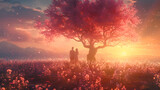 Fototapeta Przestrzenne - Garden of heaven,Couple in field with sakura tree flower at sunrise or sunset sky. generative ai 