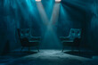 © Alberto Gonzalez  - Two chairs and spotlights in podcast or interview room on dark background for media conversations or podcast streamers