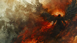 Fototapeta Przestrzenne - collage picture of evil satanic inferno with dark wings fallen angel in hell. generative ai 