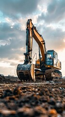 Large excavator on construction site on a sunny day with blue sky and fluffy clouds, cool modern look. AI generated illustration