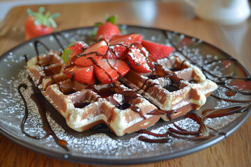 Wall Mural - Chocolate and maple syrup fresh baked waffles morning breakfast with strawberries topping