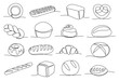 © WinWin - Continuous one line bakery products. Hand drawn baked goods, minimalist loaf, baguette sketch, breakfast croissant, pretzel, doughnut and rolls vector illustration set