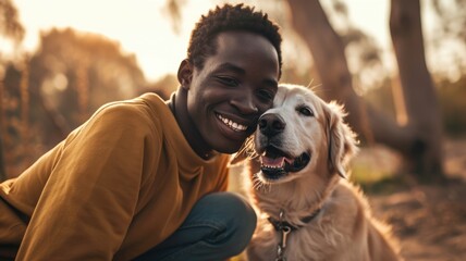 Wall Mural - playful dog and its owner in nature outdoor , healthy lifestyle pragma