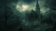 Dark palace in the night. Halloween night. A witch house or villain's house on the Halloween night. Spooky atmosphere.