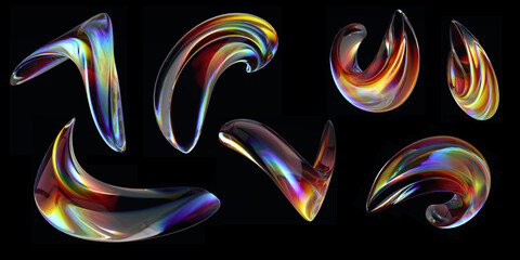 Wall Mural - Fluid wavy abstract shapes set, futuristic modern iridescent gradient, liquid glass design element, 3d illustration