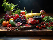 High view delicious fresh food on wooden background