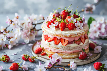 Wall Mural - Elegant Cake With Strawberries and Flowers on Table