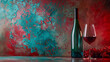 Conjure a wine bottle in a passionate vermilion red paired with a frosted teal glass, inspiring creativity.