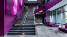 Constructing A Staircase In Shades Of Deep Plum Purple, Accented With Sleek Silver Railings, For A Modern And Sophisticated Look In The Lobby.