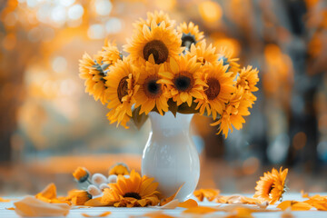 Wall Mural - White Vase Filled With Yellow Sunflowers