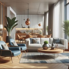 Timeless Charm: Modern Living Room in Mid-Century Style Home Interior Design, Featuring a White Sofa and Blue Leather Chairs Surrounding a Chic Wooden Coffee Table