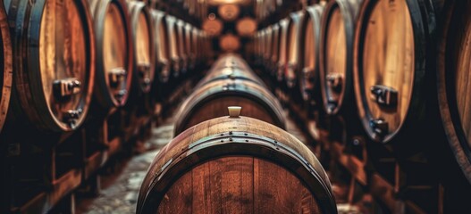 A photo of rows of wine barrels in an old, dark winery Generative AI