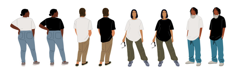 Set of different young men, women wearing casual street fashion outfit, white, black t-shirt, jeans, sneakers. Full body female, male characters standing front and back, rear view. Tshirt mockup.
