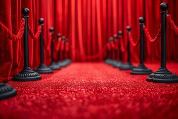 A red curtain with black posts and a red carpet