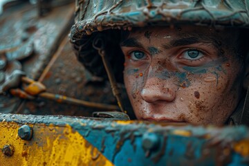 Sticker - Ukrainian soldier. The concept of the war in Ukraine. Background with selective focus and copy space