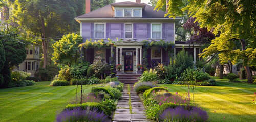 Wall Mural - An early morning view of a Cleveland Colonial Revival house, its facade painted in a soft lavender, with dew-kissed greenery enveloping the property