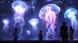 Fototapeta  - Kids Exploring Jellyfish in Anime-Inspired Aquarium Stage