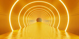 Fototapeta  - Empty yellow tunnel 3d light room background. Abstract space tunnel interior. Modern render perspective hall stage design. Futuristic neon road