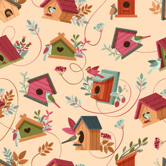 Wall Mural - Cartoon bird houses pattern. Wooden bird homes with chirping birds and lush botanicals seamless vector background illustration