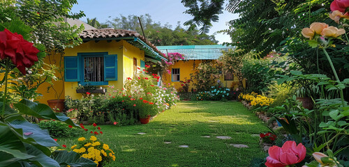 Sticker - Backyard garden in bloom, the house's lemon walls and turquoise roof blending with vibrant flowers