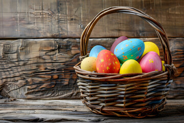 Wall Mural - Easter eggs in basket on wooden background.