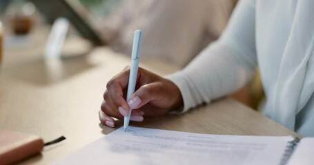 Wall Mural - Contract, signature and hands of business woman with document, paperwork and agreement. Sign, deal and legal policy with attorney and office work at a desk at property law firm with employer approval