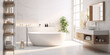 Luxury white bathroom with natural light and plant