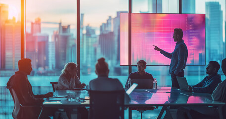 Wall Mural - A group of people were sitting around a table in an office, with one person standing and pointing at a whiteboard