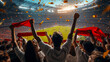 © MP Studio - crowded sports stadium with a vibrant atmosphere, where spectators are holding up red scarves and yellow confetti is flying in the air