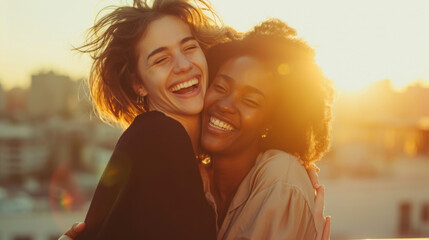 Sticker - two young women in a heartfelt embrace, laughing and enjoying a moment of genuine happiness together