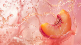 A juicy slice of peach in a splash of rose water, on a pink background.