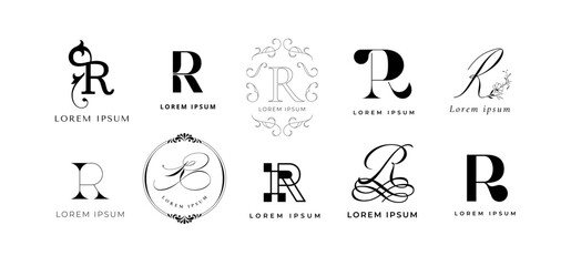 Wall Mural - Creative R emblem. Letter r monogram for romantic, retro or rainbow style branding template. Business name initial vector icon set