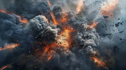Cluster bomb explosion in modern warfare scenario. Huge explosion with fragments on air. Illustration