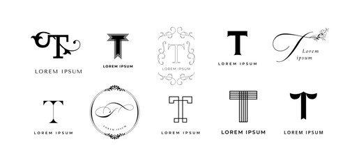 Wall Mural - Creative T emblem. Letter t monogram for text writer, tea or tech branding. Typography tag template vector icon set