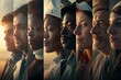 A series of portraits, each showcasing an individual from a different background, aligned side by side against a backdrop of unity for International Labour Day.