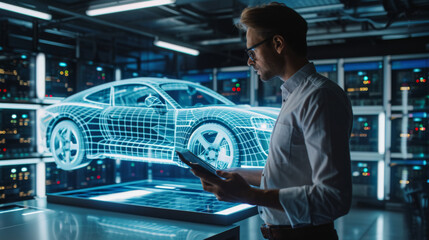 Wall Mural - man standing in a server room looking at a tablet, with a holographic projection of a car in front of him