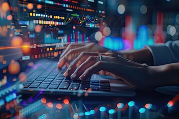 Aufkleber - Close-up of hands typing on a keyboard, multiple data graphs on the screen.