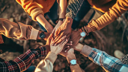 Wall Mural - A top-down view of a group of friends stacking their hands together, symbolizing unity, teamwork, and mutual support in a casual setting.