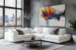 Stylish living room interior with a white corner sofa, coffee table and an abstract painting in the style of on a concrete wall in a loft apartment. Modern home decor with a gray carpet and large wind