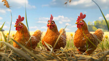 3d Three Cartoons Chickens On A Farm