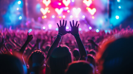 Sticker - lively crowd at a concert, with hands raised in the air, silhouetted against a backdrop of vibrant stage lights, capturing the energy and excitement of a live music event.