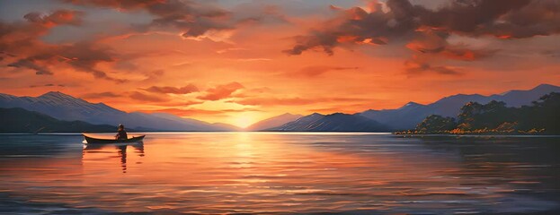 Wall Mural - A lone boat glides through the serene waters, as the sky transforms from a fiery sunrise to a tranquil sunset, reflecting its beauty onto the calm surface of the lake 4K Video