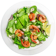 Wall Mural - Healthy salad with shrimps, avocado, blue cheese isolated on white background. clipping path included. Intermittent fastin concept