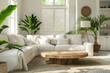 A bright and airy Scandinavian-style living room featuring a plush white sofa, rustic wooden coffee table, and an array of vibrant indoor plants basking in the natural light from the window